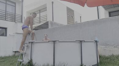 A pool party turned into a rough three-man fucking of a Russian student.