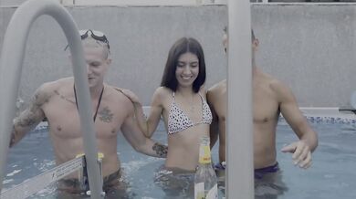 A pool party turned into a rough three-man fucking of a Russian student.