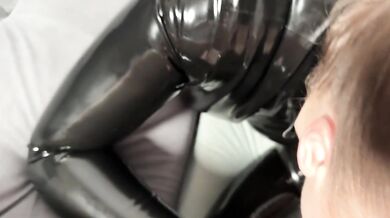 Hardcore Latex deepthroath training with handcuffed girl
