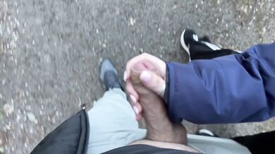 We Almost Got Caught On Our Walk TWICE. Risky handjob turns into blowjob and cum in mouth