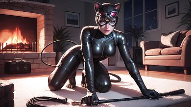 A cozy bdsm evening with Catwoman by the fireplace.