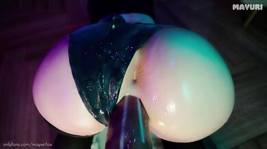 Pussy destroyed by a huge dildo and flooded with cum until it overflows