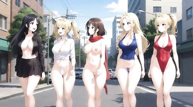 Five naked beauties with big breasts walking down the street