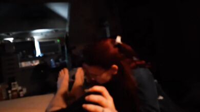 Blowjob over pants spills cum slow as tongue traces tight cocks