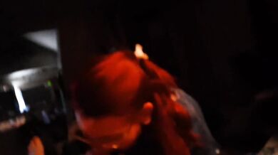 Blowjob over pants spills cum slow as tongue traces tight cocks