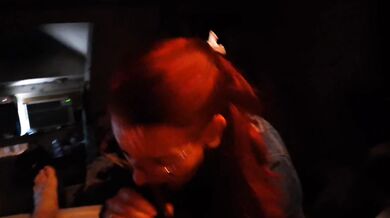 Blowjob over pants spills cum slow as tongue traces tight cocks