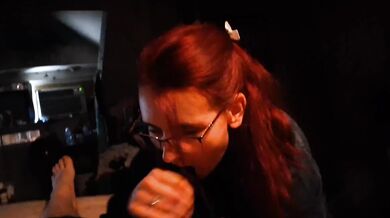 Blowjob over pants spills cum slow as tongue traces tight cocks