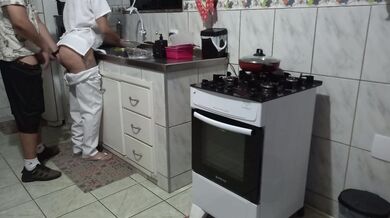 Maid had her ass used while washing dishes.