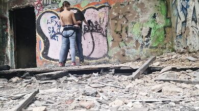 In abandoned building Anastasia Mistress public outdoor fucked strapon in the ass her slave Sasha Earth