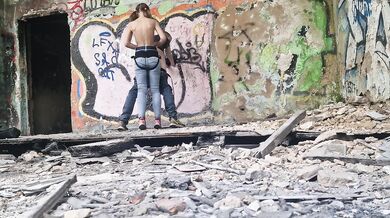 In abandoned building Anastasia Mistress public outdoor fucked strapon in the ass her slave Sasha Earth