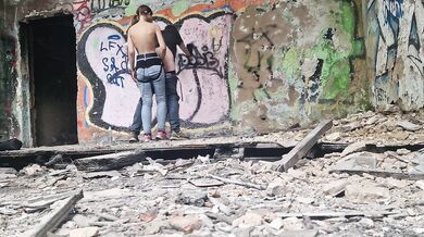 In abandoned building Anastasia Mistress public outdoor fucked strapon in the ass her slave Sasha Earth
