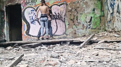 In abandoned building Anastasia Mistress public outdoor fucked strapon in the ass her slave Sasha Earth