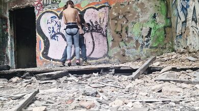 In abandoned building Anastasia Mistress public outdoor fucked strapon in the ass her slave Sasha Earth