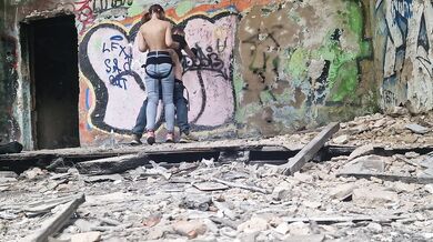 In abandoned building Anastasia Mistress public outdoor fucked strapon in the ass her slave Sasha Earth