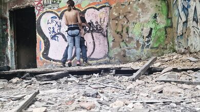 In abandoned building Anastasia Mistress public outdoor fucked strapon in the ass her slave Sasha Earth