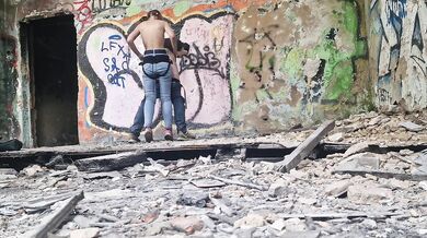In abandoned building Anastasia Mistress public outdoor fucked strapon in the ass her slave Sasha Earth