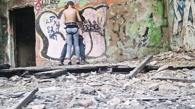 In abandoned building Anastasia Mistress public outdoor fucked strapon in the ass her slave Sasha Earth