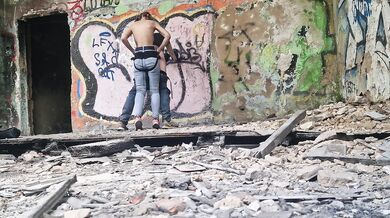 In abandoned building Anastasia Mistress public outdoor fucked strapon in the ass her slave Sasha Earth