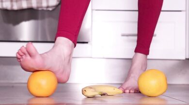 Super Tasty Barefoot Fruit Crush - Red Toenails Squashing Juicy Oranges & Banana