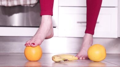 Super Tasty Barefoot Fruit Crush - Red Toenails Squashing Juicy Oranges & Banana