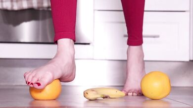 Super Tasty Barefoot Fruit Crush - Red Toenails Squashing Juicy Oranges & Banana
