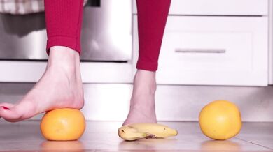 Super Tasty Barefoot Fruit Crush - Red Toenails Squashing Juicy Oranges & Banana