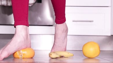Super Tasty Barefoot Fruit Crush - Red Toenails Squashing Juicy Oranges & Banana