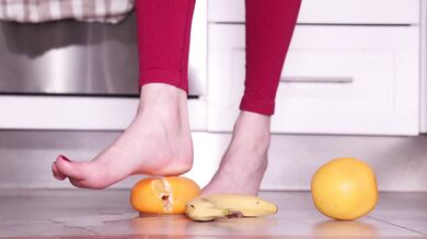 Super Tasty Barefoot Fruit Crush - Red Toenails Squashing Juicy Oranges & Banana