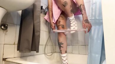 PISS ON CUTE WHITE SOCKS IN THE SHOWER