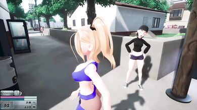 A girl in a blue dress fucks a hooligan with a strap-on on the street