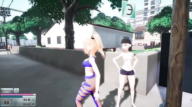 A girl in a blue dress fucks a hooligan with a strap-on on the street