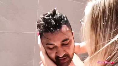 The blonde Latina with the pink pussy sits hard on the well-endowed dark-haired man's cock and leaves him all covered in her cum