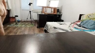 Amateur wife does gym exercises at home