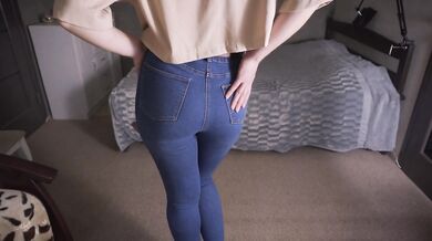 Teasing Tight Blue Jeans Ass With Thongs Underneath