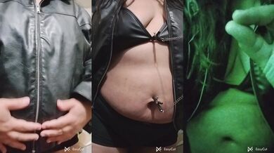 Bellybutton play and masturbating wearing black leather jacket