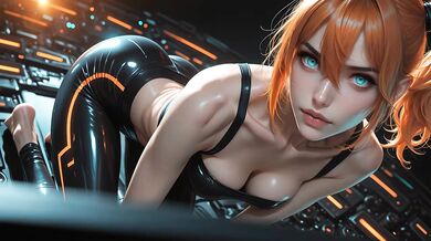 Fiery Ponytail, Glowing Cyan Eyes & Tight Black Latex Bodysuit Bent Over Getting Pounded Raw