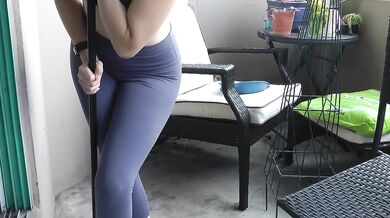 Wetting my tight yoga pants while trying to clean the balcony