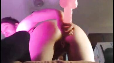 Remy Solo Latina Rides Dildo on Glass Door Pink Lights