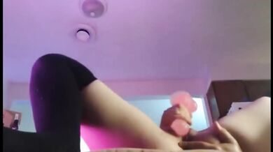 Remy Solo Latina Rides Dildo on Glass Door Pink Lights