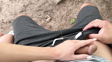 Handjob From a Cute Stranger in the Forest. Cum on feet. White toe nails