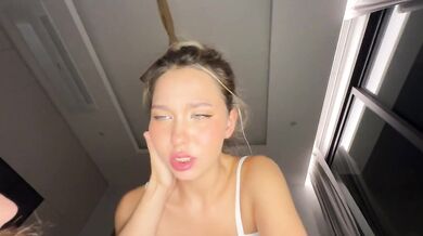 Stunning hot Asian babe gets raw hotel room creampie after teasing on the balcony