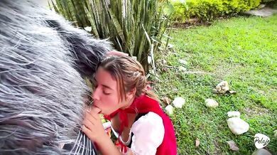 Little Red Riding Hood teased the wolf’s furry costume then lost her fruit in his big cum load