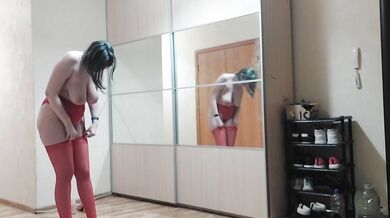 Mirror solo squirt with big dildo and blue hair while heels shake red lingerie