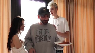 Stepdad's monster cock destroys stepdaughter and stepson in wild kitchen threesome