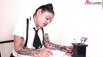Peek under her schoolgirl desk her ballet flats squish nylon toes white stockings choking
