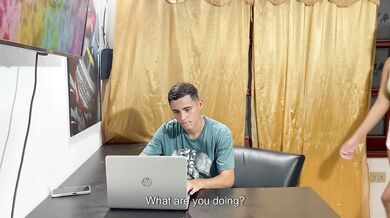 I make my little stepsister feel my huge cock while she plays with my computer