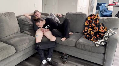 Horny wife fucks husband while he was watching tv