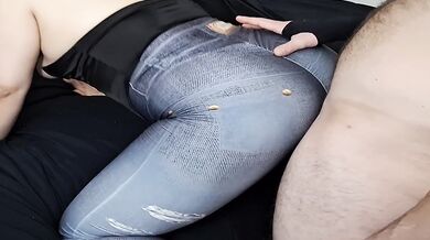 Fat ass in tight jean pants, gets pussy smashed doggy hard.