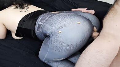 Fat ass in tight jean pants, gets pussy smashed doggy hard.