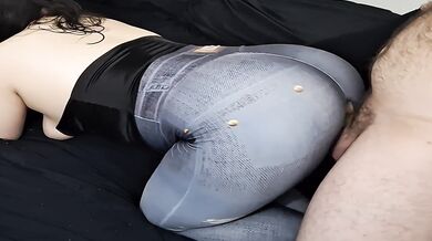 Fat ass in tight jean pants, gets pussy smashed doggy hard.